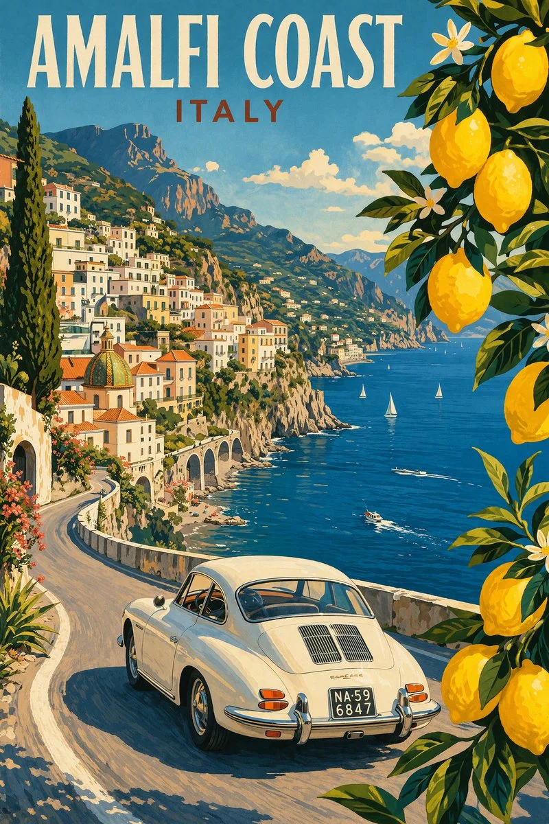 AI-generated vintage Amalfi Coast travel poster