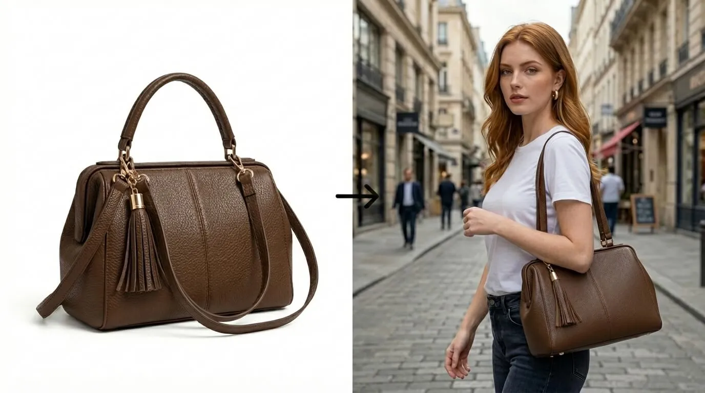 AI image-to-image editing: product photo transformed into lifestyle model scene with plain-language instruction