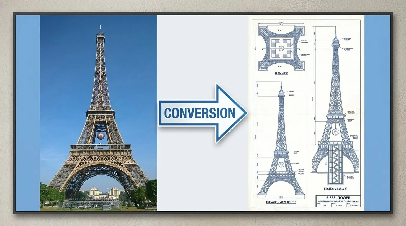 AI version compare: Eiffel Tower photo converted to technical blueprint drawing, demonstrating GPT Image 2 style transformation